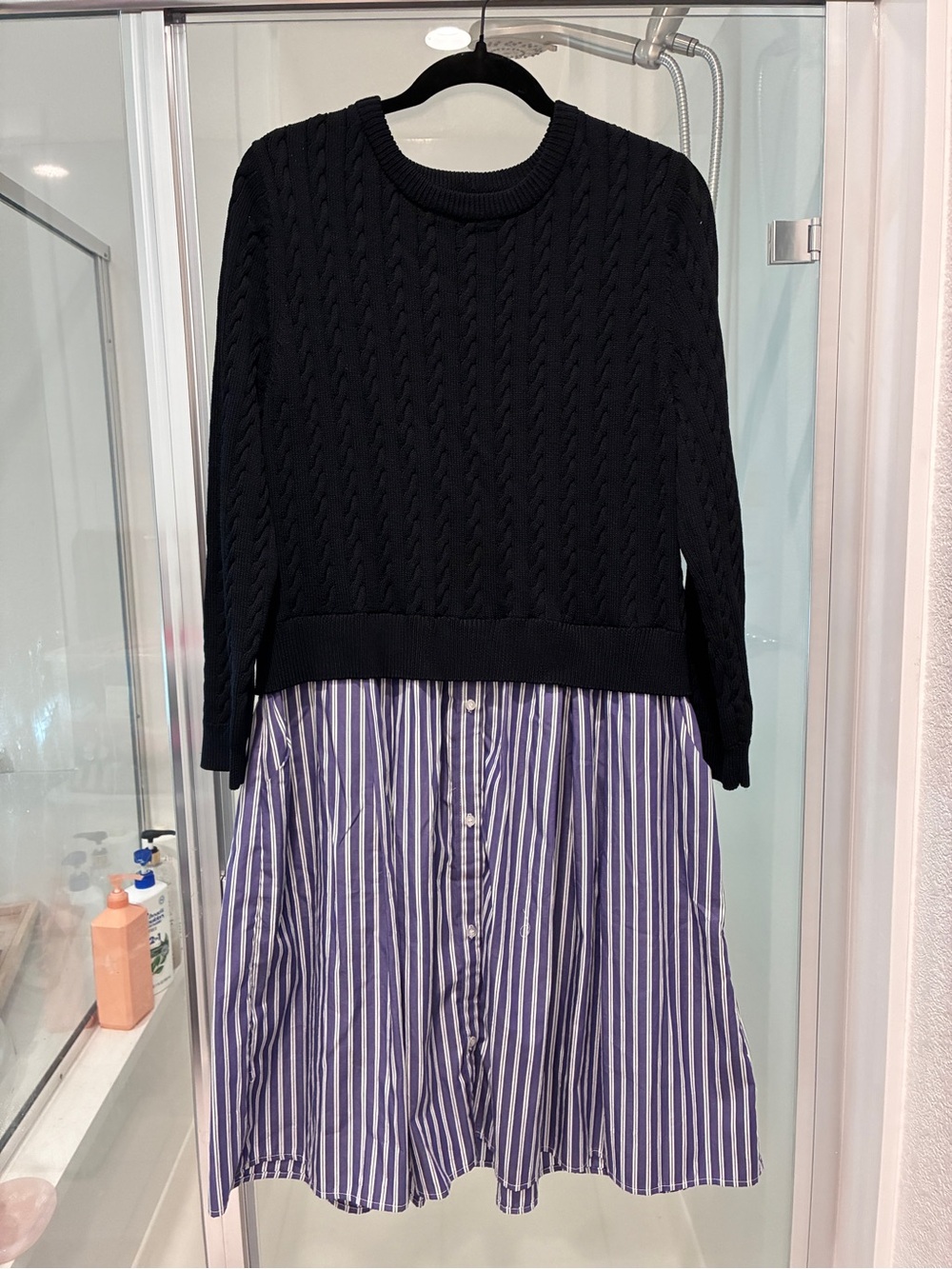 1901 Black Cable-Knit Sweater with Blue-Striped Shirt Dress